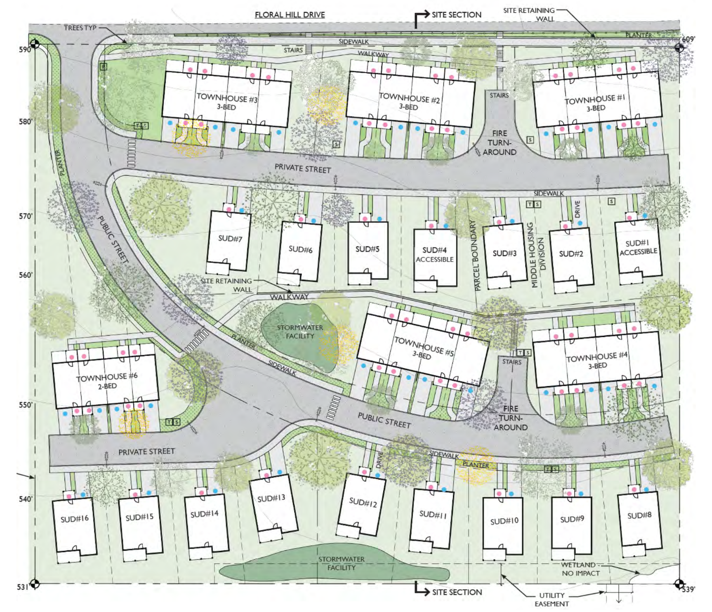 22 buildings, almost 30% are 3 story tall.  80+ cars.  Limited parking,
