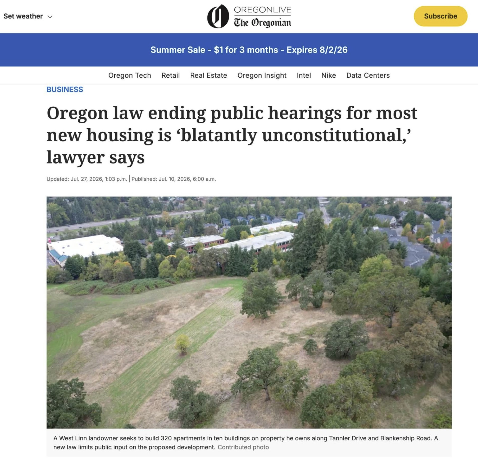 NEWS: Oregon law ending public hearings for most new housing is ‘blatantly unconstitutional,’ lawyer says (The Oregonian, July 27, 2026)